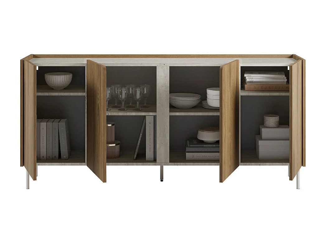 Boxy - Buffet 4 portes en bois et effet travertin L180cm - Bois foncé