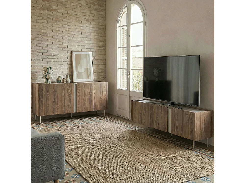 Boxy - Buffet 4 portes en bois et effet travertin L180cm - Bois foncé