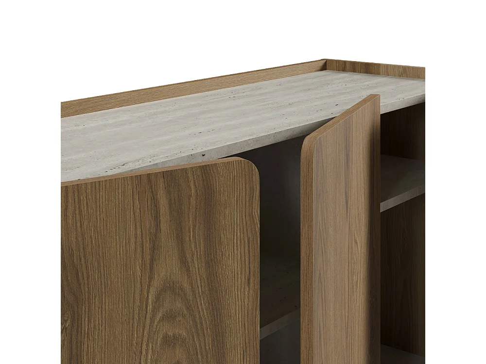 Boxy - Buffet 4 portes en bois et effet travertin L180cm - Bois foncé