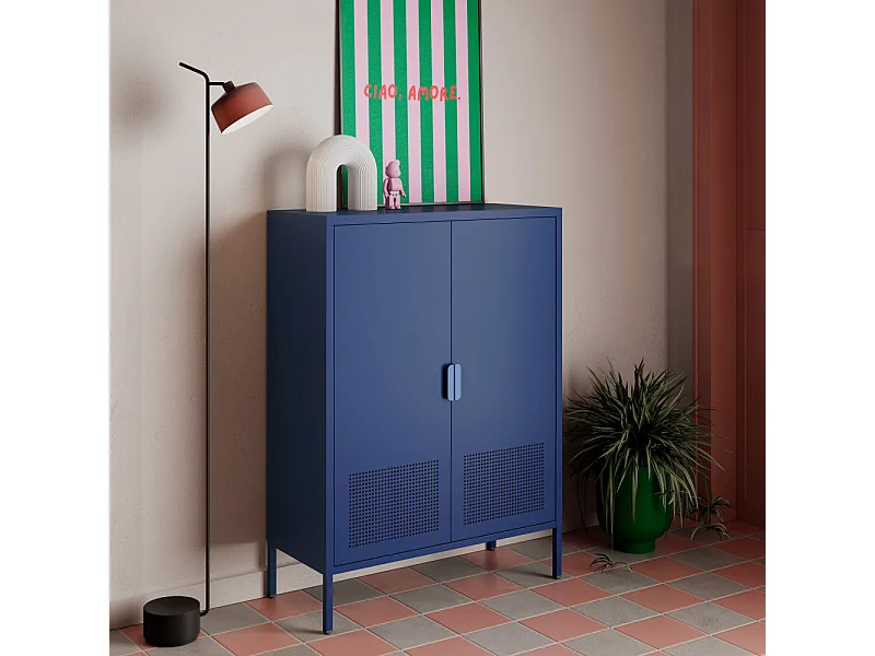 Adel - Buffet haut 2 portes en métal H110cm - Bleu
