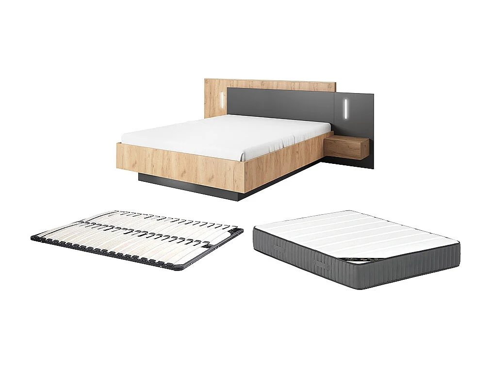 Lit avec chevets 140 x 190 cm - 2 tiroirs - Avec LEDs - Coloris : Naturel et anthracite + Sommier + Matelas - FRANCOLI
