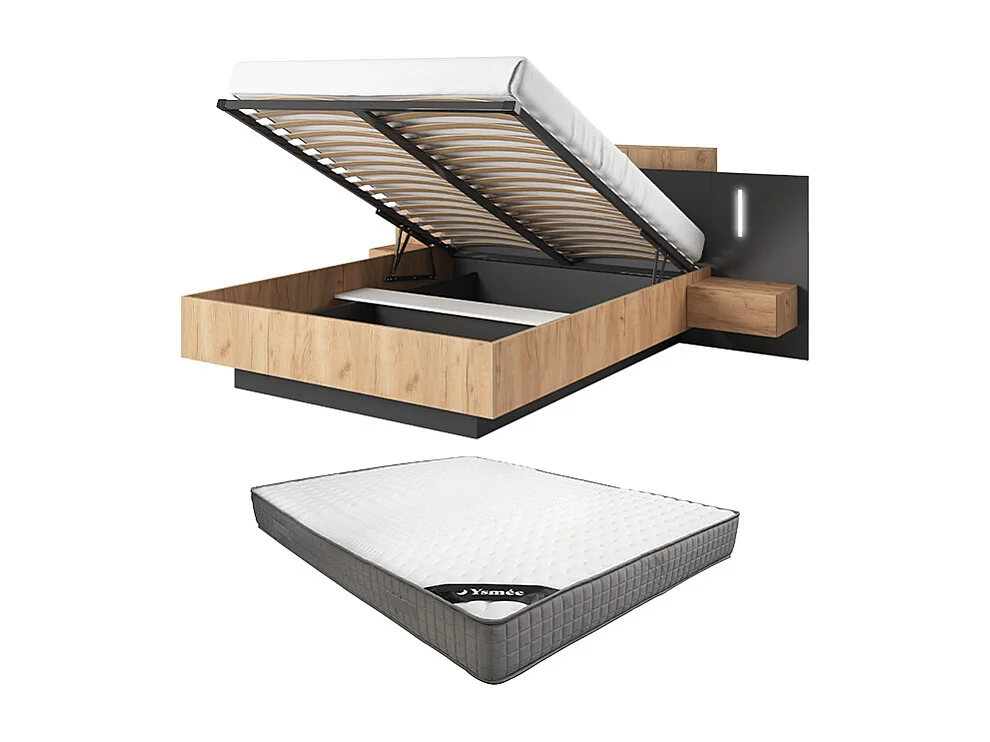 Lit coffre avec chevets 140 x 190 cm - 2 tiroirs - Avec LEDs - Coloris : Naturel et anthracite + Matelas - FRANCOLI
