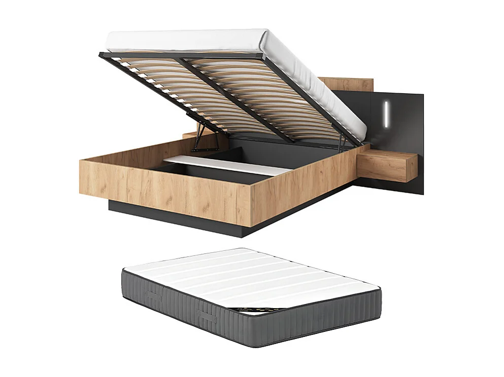 Lit coffre avec chevets 140 x 190 cm - 2 tiroirs - Avec LEDs - Coloris : Naturel et anthracite + Matelas - FRANCOLI