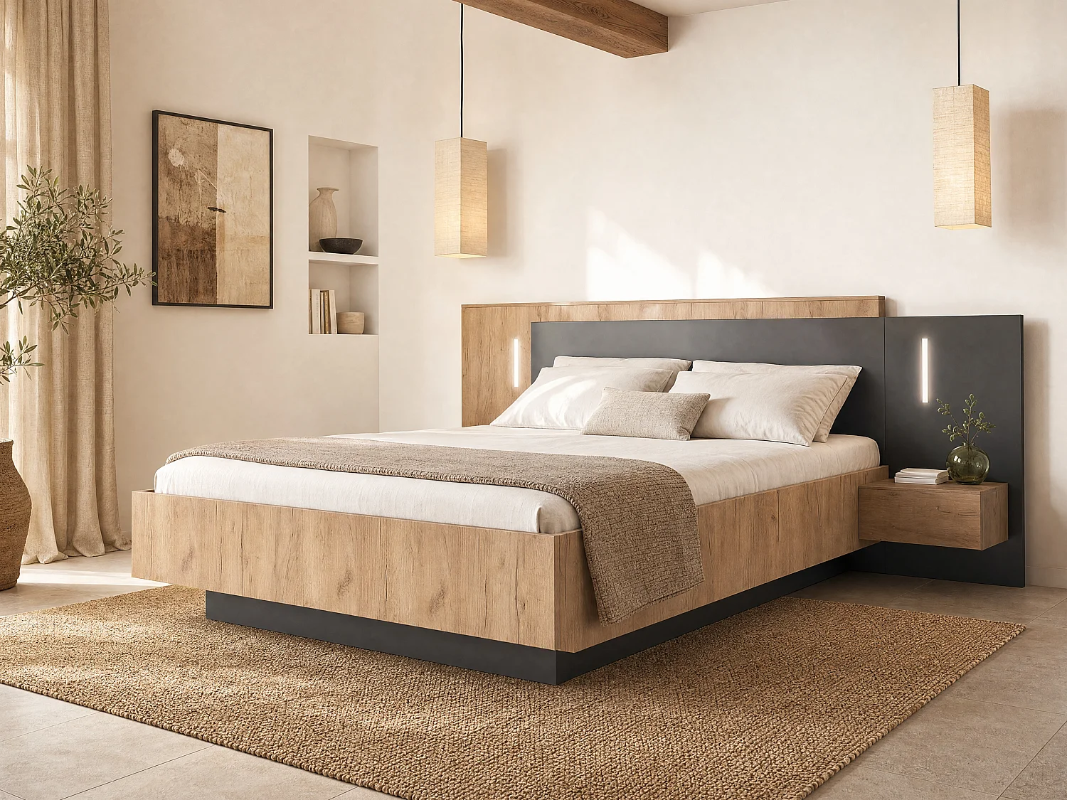 Lit coffre avec chevets 140 x 190 cm - 2 tiroirs - Avec LEDs - Coloris : Naturel et anthracite + Matelas Premium - FRANCOLI