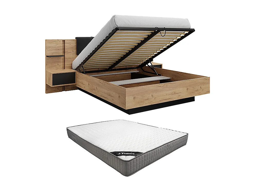 Lit coffre avec chevets 140 x 190 cm - Avec LEDs - Coloris : Naturel et anthracite + Matelas - ELYNIA