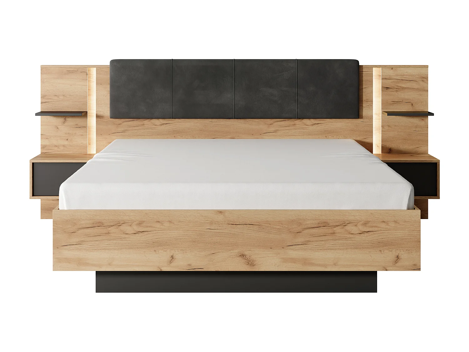 Lit coffre avec chevets 140 x 190 cm - Avec LEDs - Coloris : Naturel et anthracite + Matelas - ELYNIA