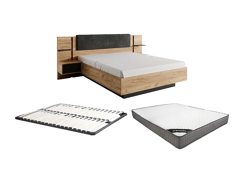 Lit avec chevets 140 x 190 cm - Avec LEDs - Coloris : Naturel et anthracite + Sommier + Matelas - ELYNIA