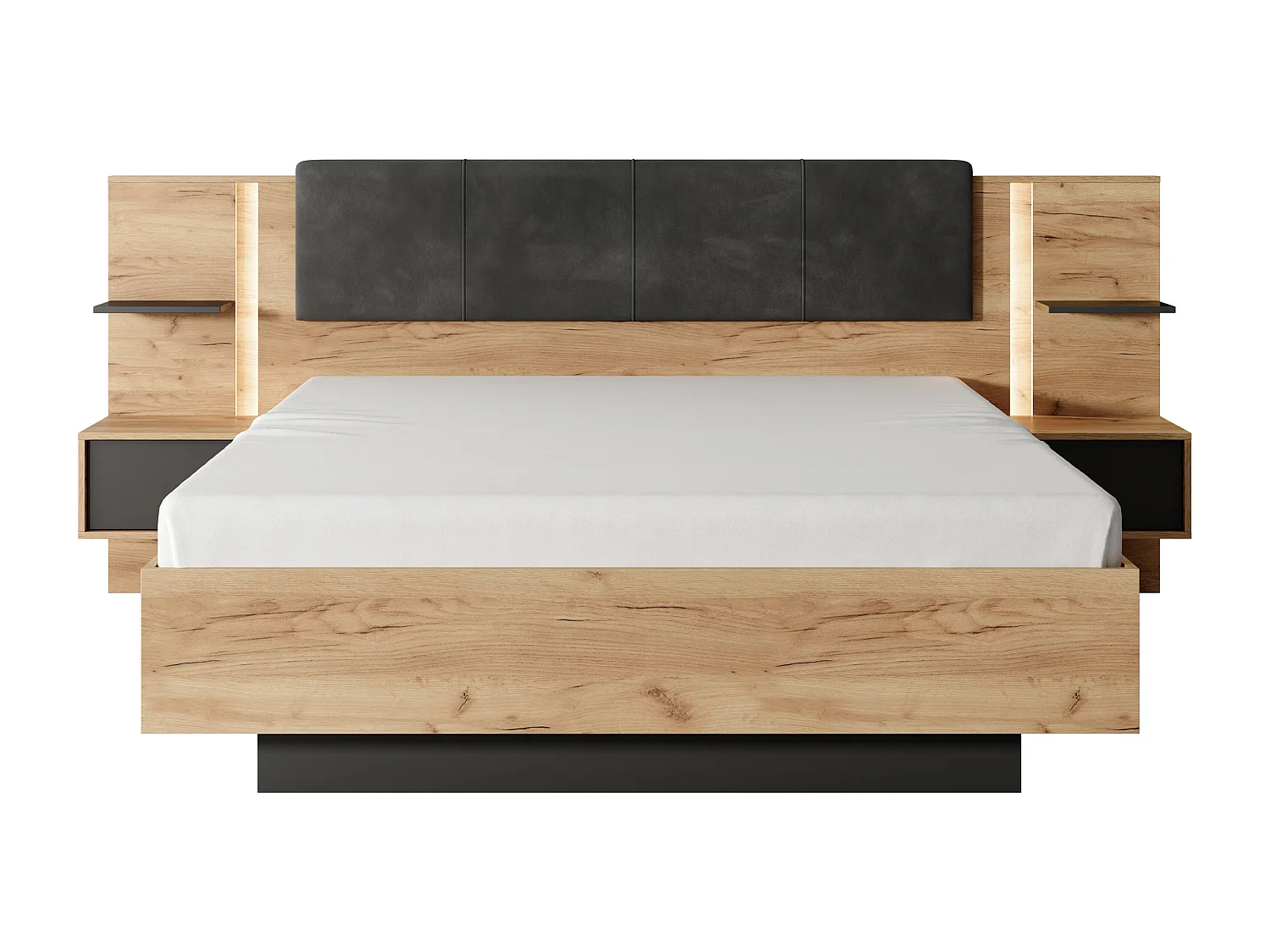 Lit avec chevets 140 x 190 cm - Avec LEDs - Coloris : Naturel et anthracite + Sommier + Matelas - ELYNIA