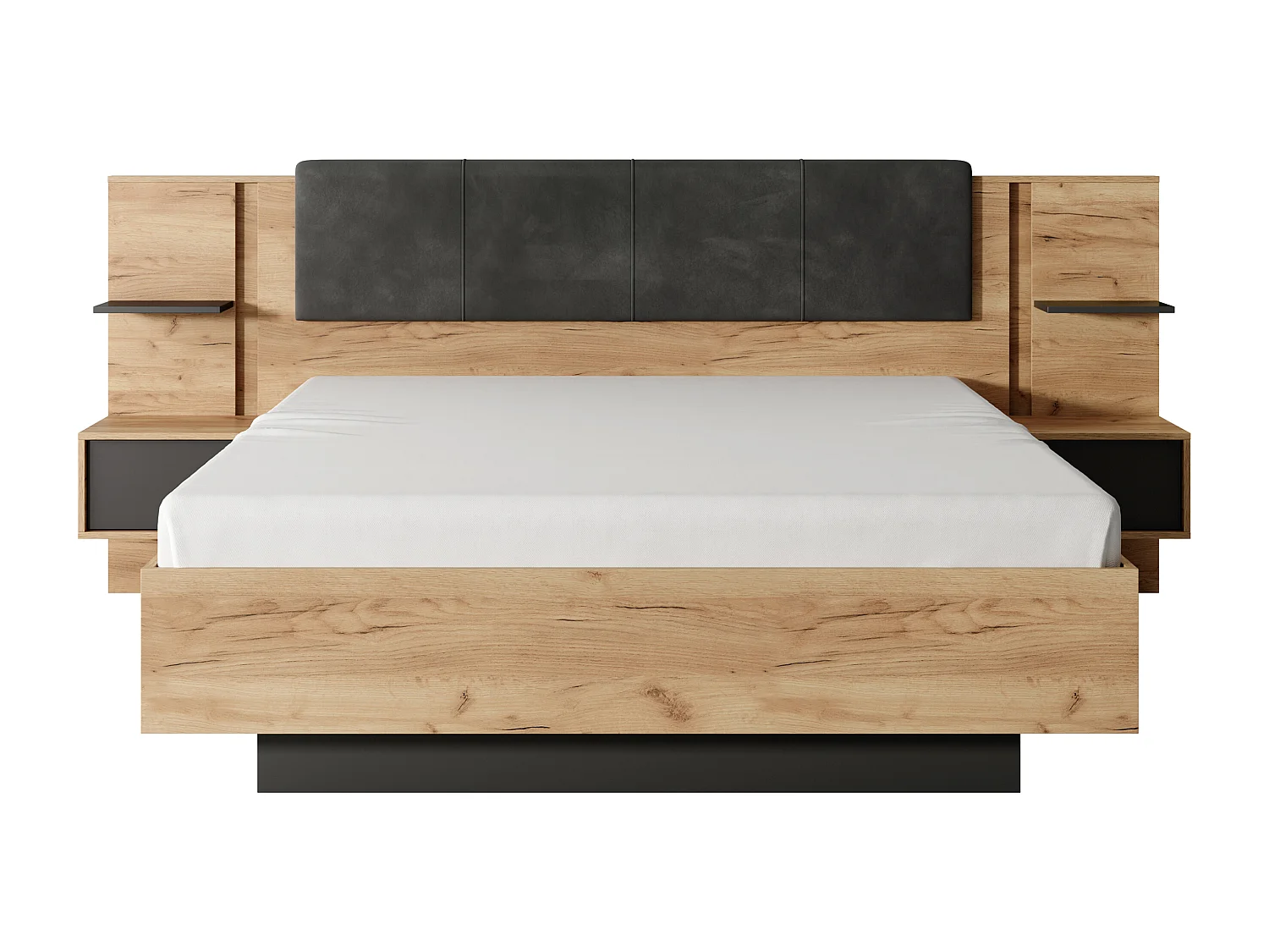 Lit avec chevets 140 x 190 cm - Avec LEDs - Coloris : Naturel et anthracite + Sommier + Matelas - ELYNIA