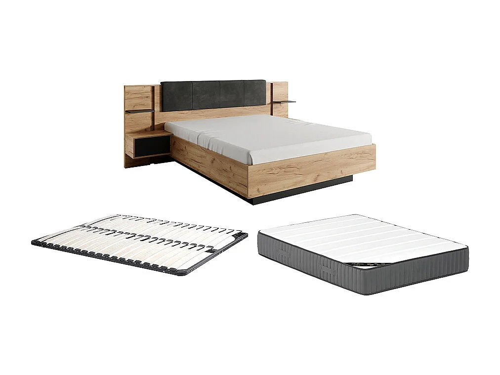 Lit avec chevets 140 x 190 cm - Avec LEDs - Coloris : Naturel et anthracite + Sommier + Matelas - ELYNIA