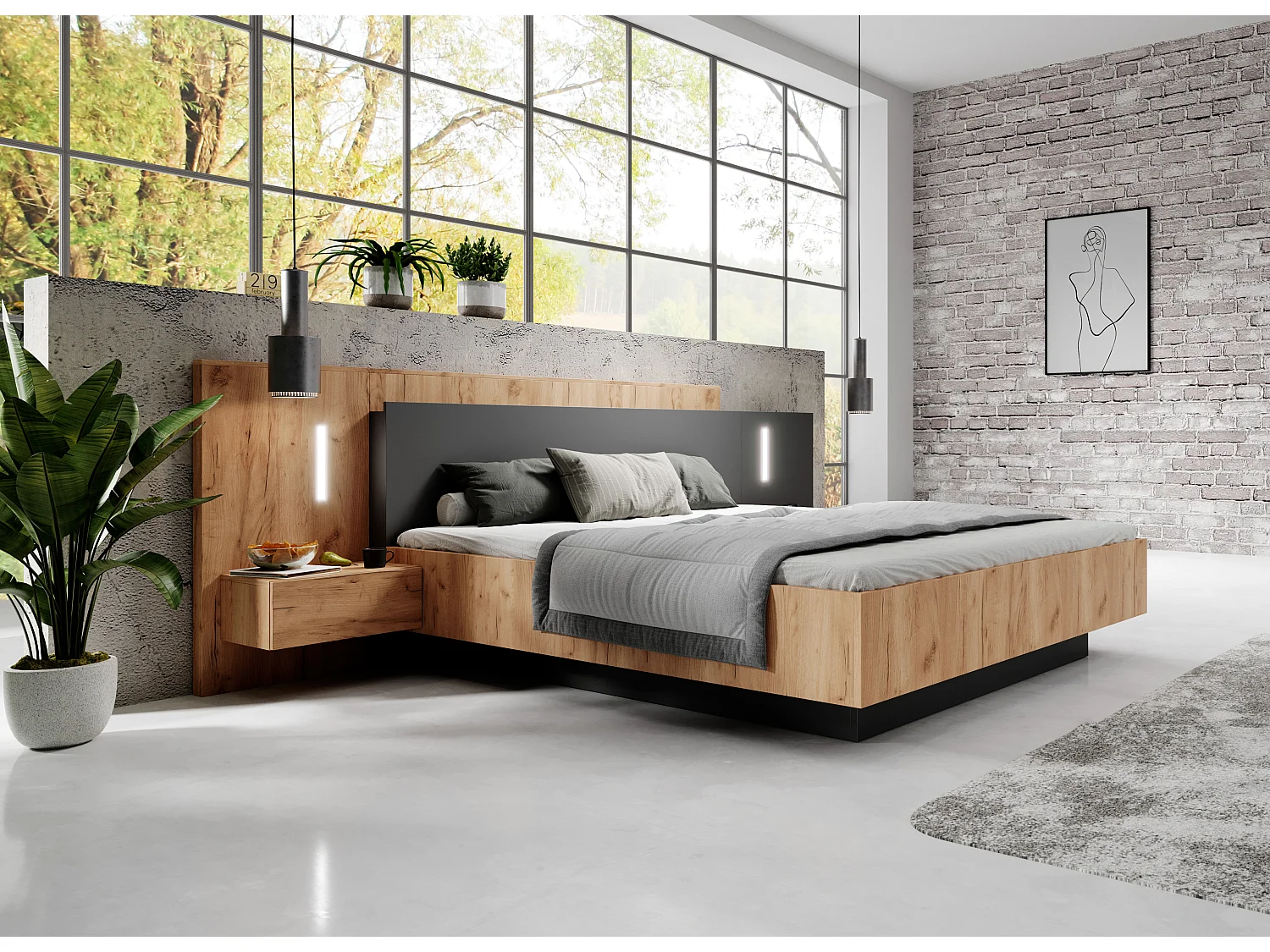 Lit avec chevets 160 x 200 cm - 2 tiroirs - Avec LEDs - Coloris : Naturel et anthracite + Sommier + Matelas - FRANCOLI