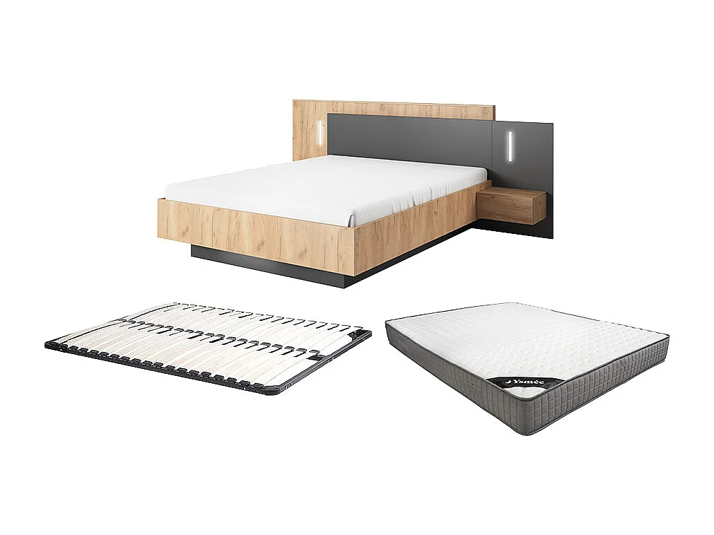 Lit avec chevets 160 x 200 cm - 2 tiroirs - Avec LEDs - Coloris : Naturel et anthracite + Sommier + Matelas - FRANCOLI