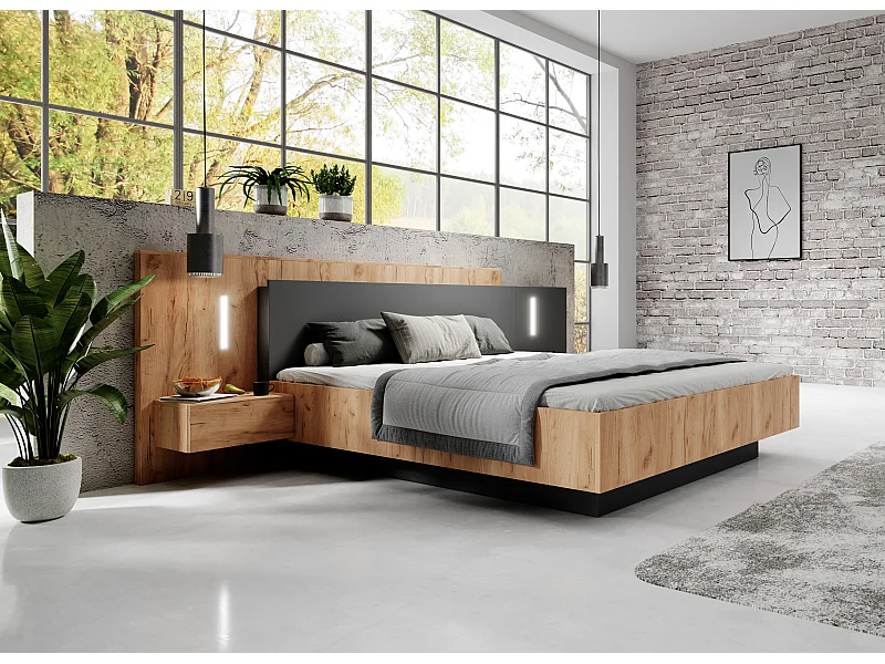 Lit avec chevets 160 x 200 cm - 2 tiroirs - Avec LEDs - Coloris : Naturel et anthracite + Sommier + Matelas - FRANCOLI