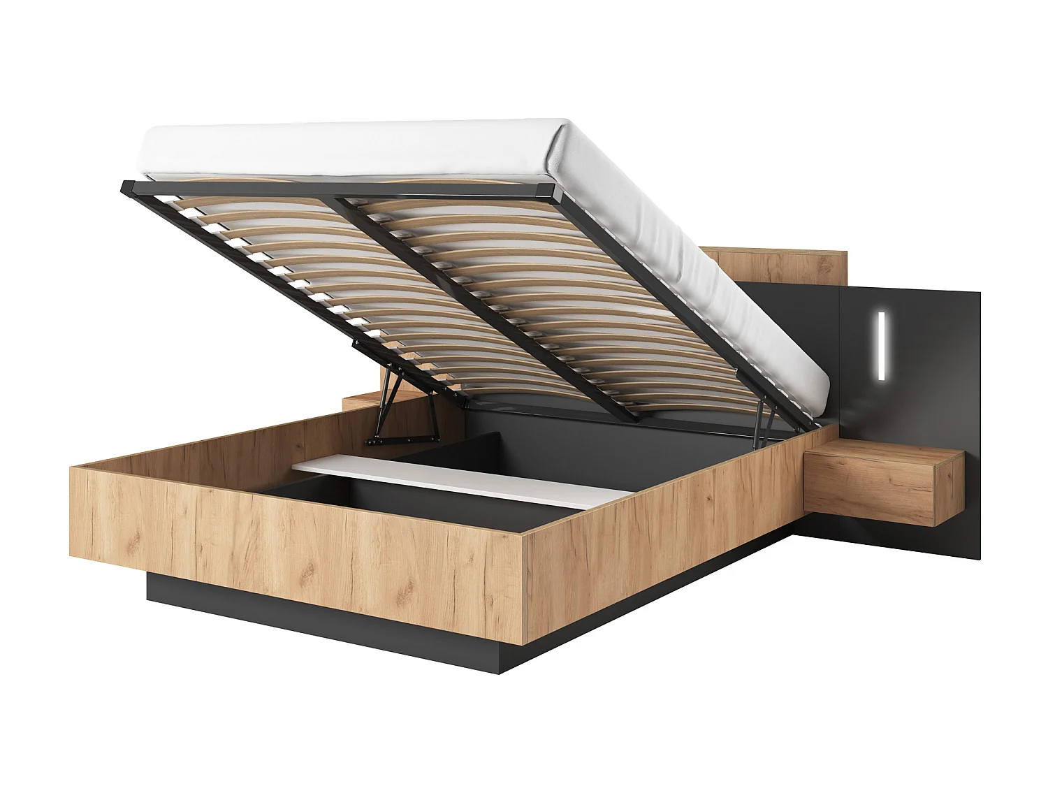 Lit coffre avec chevets 160 x 200 cm - 2 tiroirs - Avec LEDs - Coloris : Naturel et anthracite + Matelas - FRANCOLI