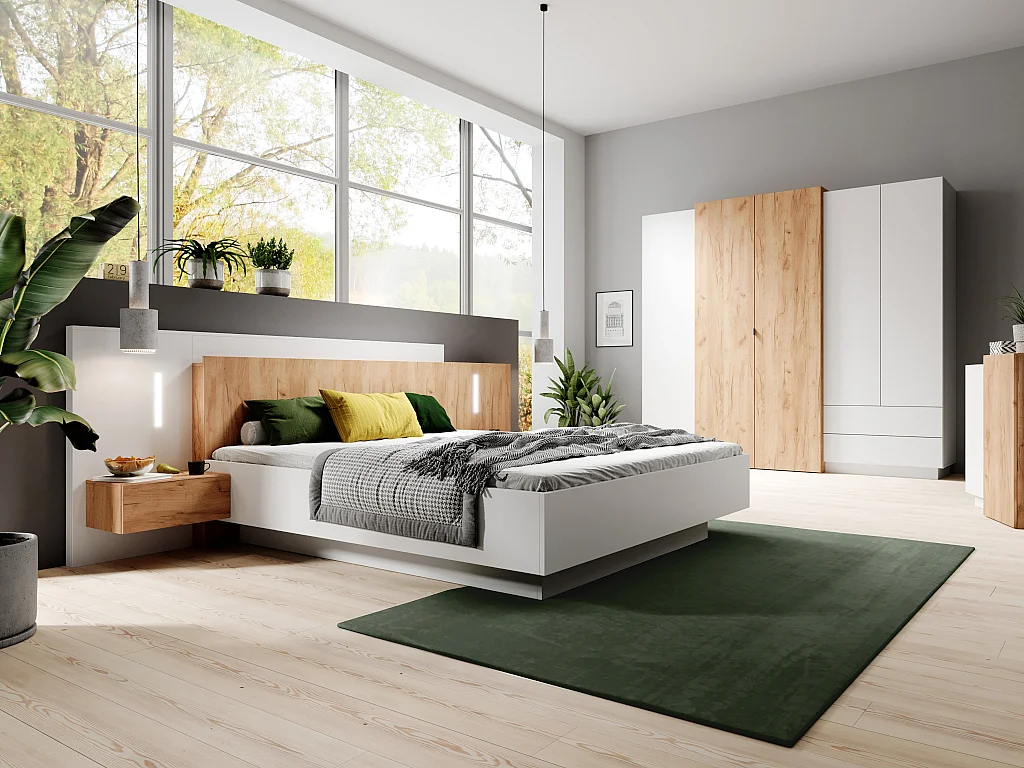 Lit avec chevets 160 x 200 cm - 2 tiroirs - Avec LEDs - Blanc et naturel + Sommier + Matelas - FRANCOLI