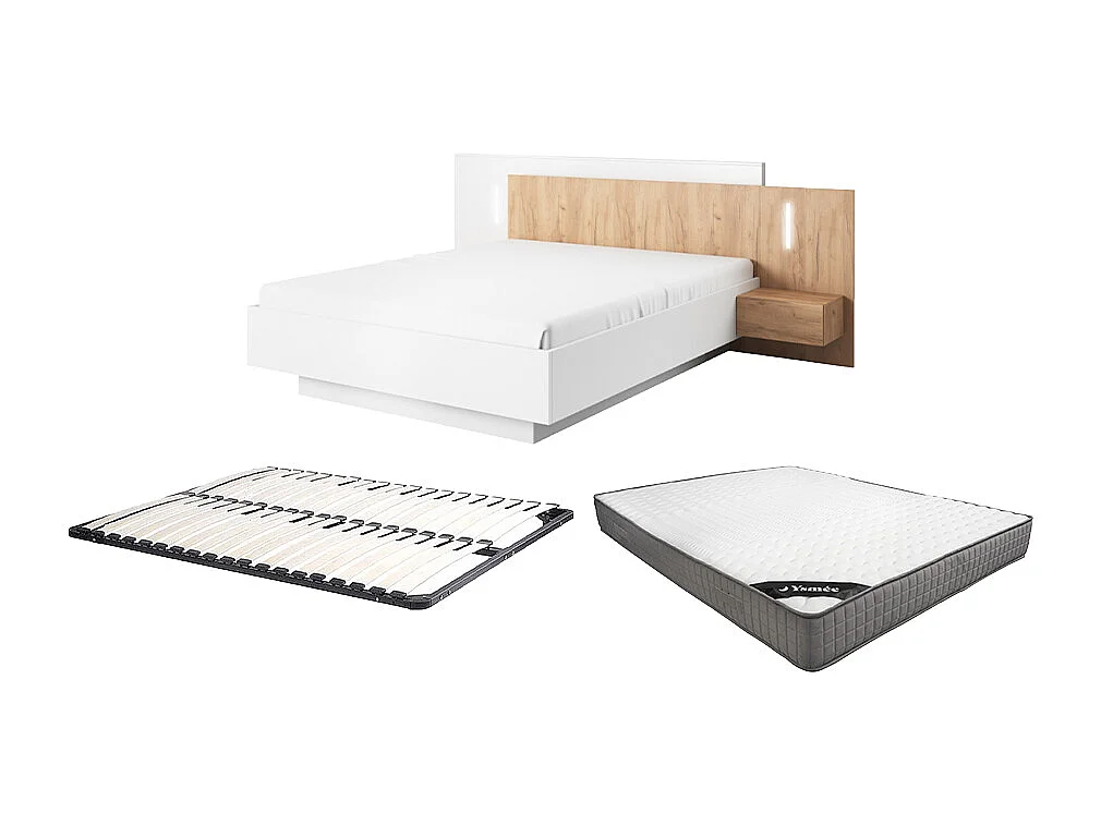 Lit avec chevets 160 x 200 cm - 2 tiroirs - Avec LEDs - Blanc et naturel + Sommier + Matelas - FRANCOLI