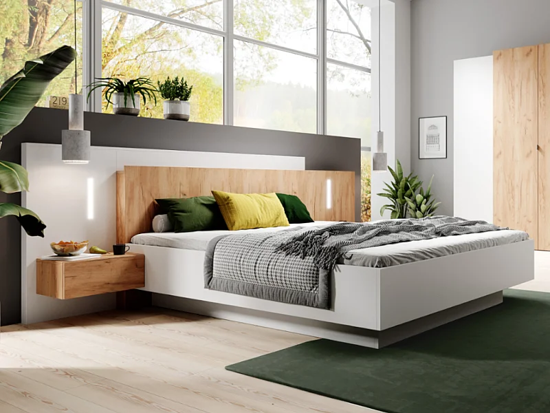 Lit avec chevets 160 x 200 cm - 2 tiroirs - Avec LEDs - Blanc et naturel + Sommier + Matelas - FRANCOLI