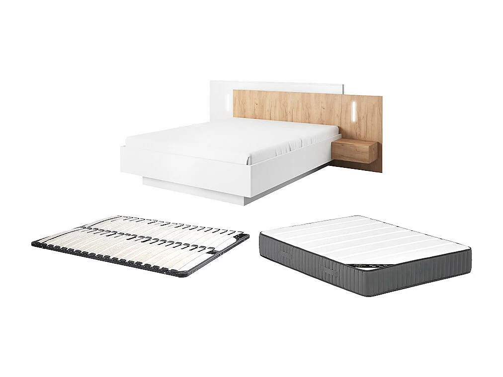 Lit avec chevets 160 x 200 cm - 2 tiroirs - Avec LEDs - Blanc et naturel + Sommier + Matelas - FRANCOLI