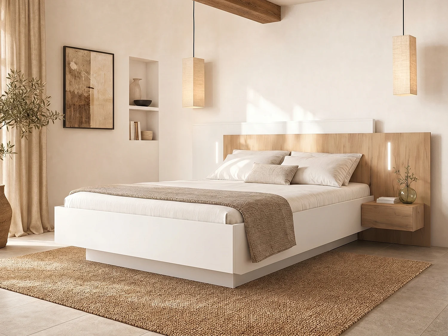 Lit avec chevets 160 x 200 cm - 2 tiroirs - Avec LEDs - Blanc et naturel + Sommier + Matelas Premium - FRANCOLI