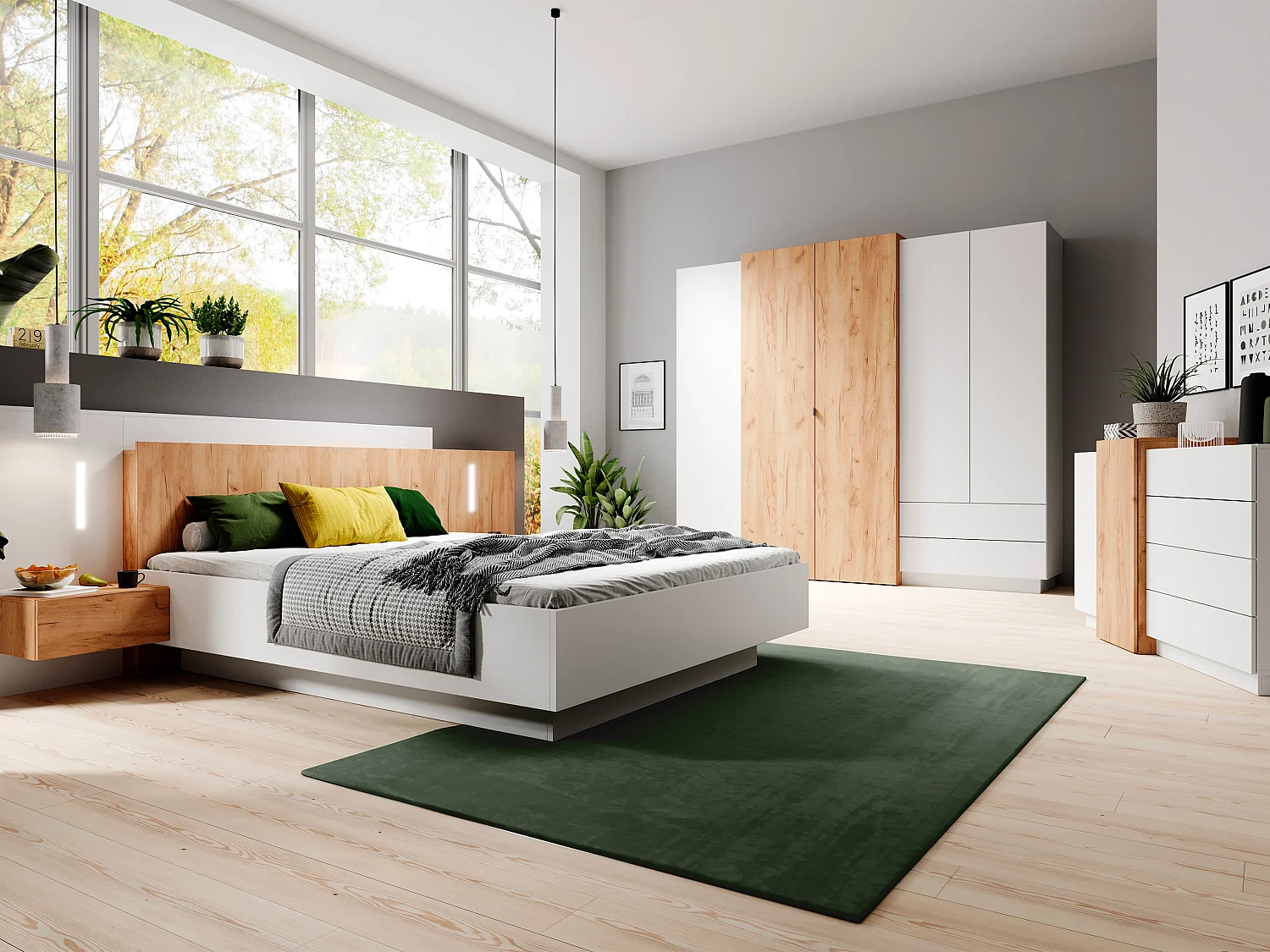 Lit coffre avec chevets 160 x 200 cm - 2 tiroirs - Avec LEDs - Coloris : Blanc et naturel + Matelas - FRANCOLI