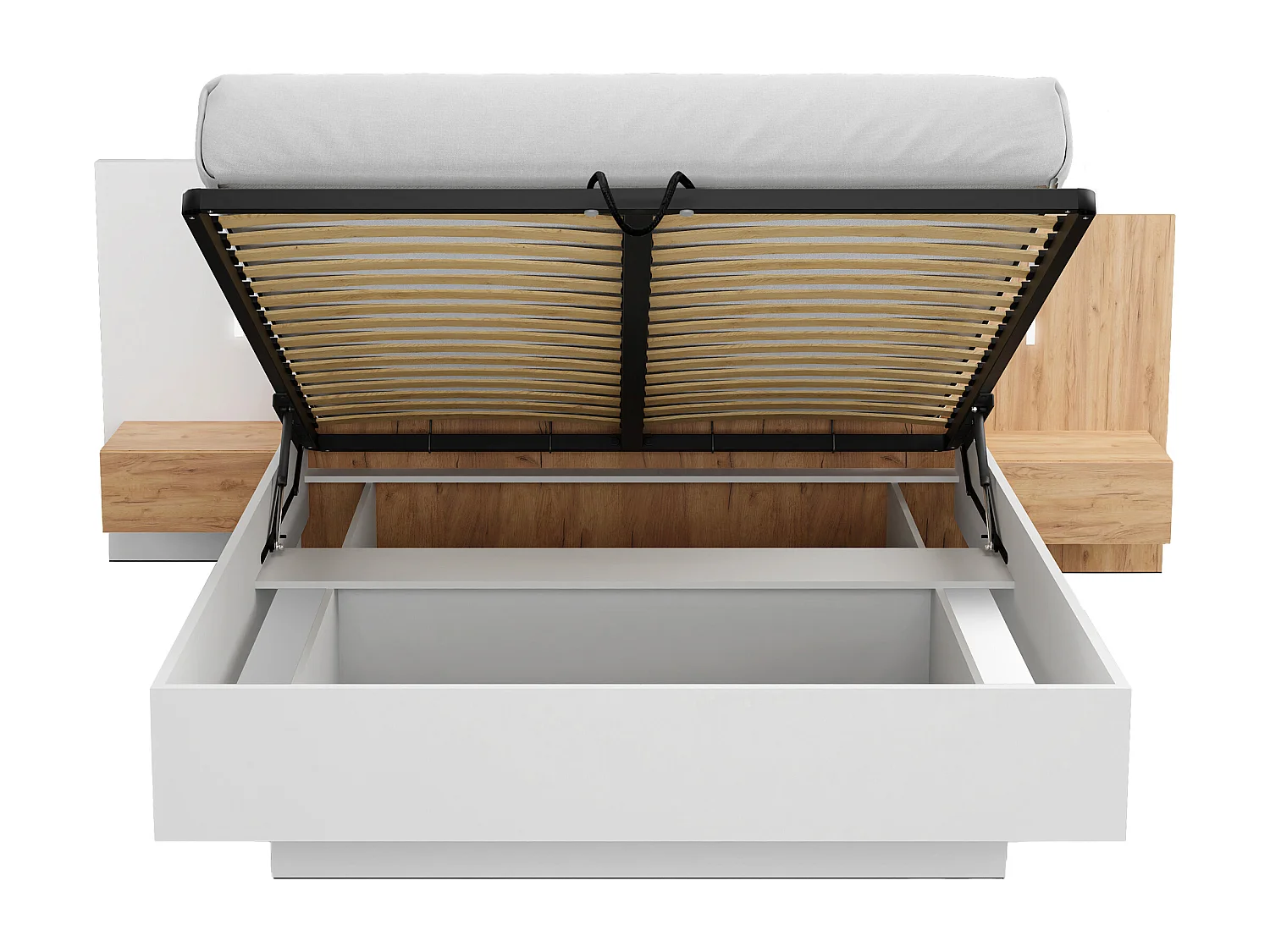 Lit coffre avec chevets 160 x 200 cm - 2 tiroirs - Avec LEDs - Coloris : Blanc et naturel + Matelas - FRANCOLI