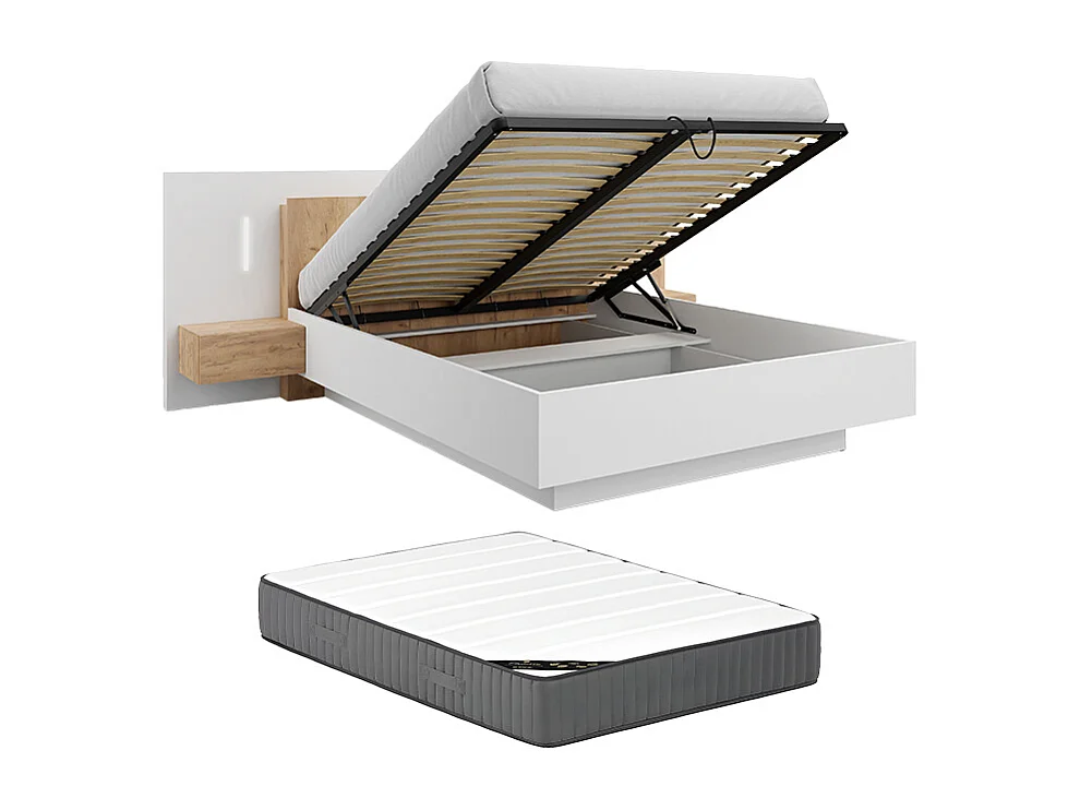 Lit coffre avec chevets 160 x 200 cm - 2 tiroirs - Avec LEDs - Coloris : Blanc et naturel + Matelas - FRANCOLI