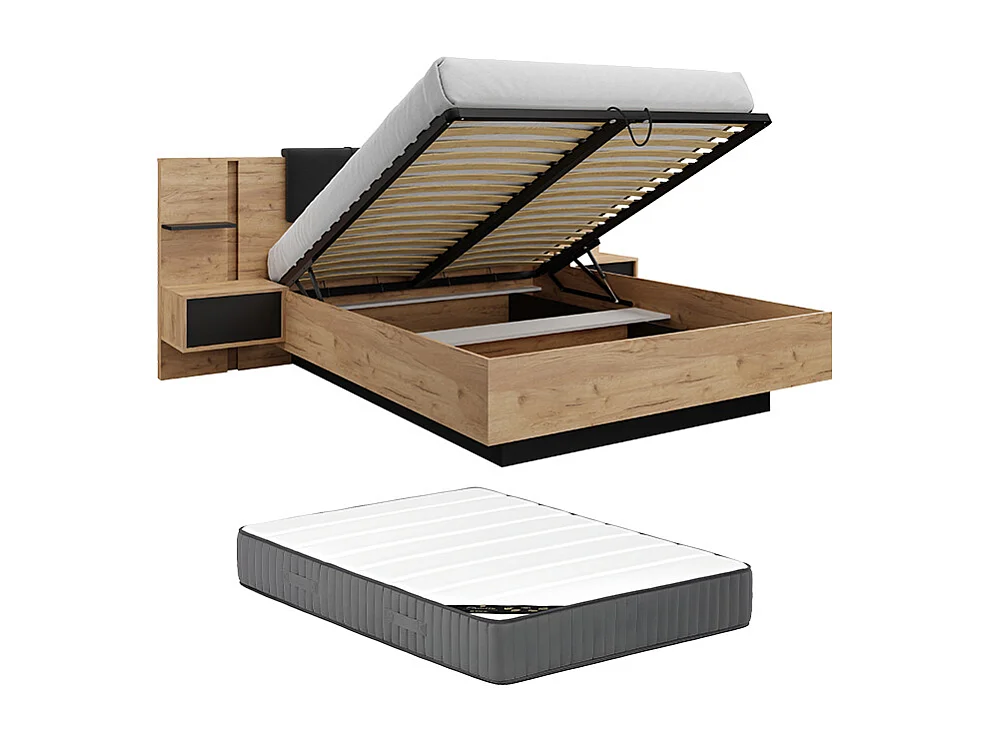 Lit coffre avec chevets 160 x 200 cm - Avec LEDs - Coloris : Naturel et anthracite + Matelas - ELYNIA