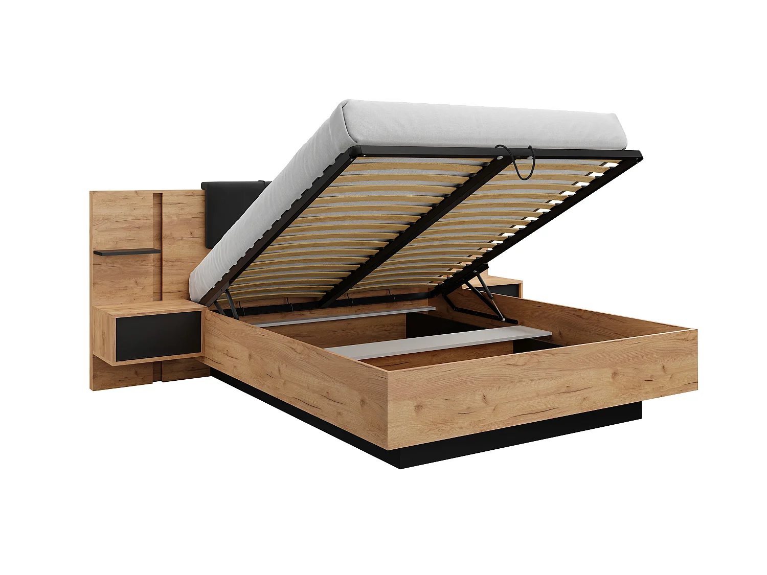 Lit coffre avec chevets 160 x 200 cm - Avec LEDs - Coloris : Naturel et anthracite + Matelas - ELYNIA