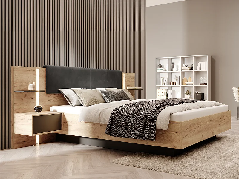 Lit avec chevets 160 x 200 cm - Avec LEDs - Coloris : Naturel et anthracite + Sommier + Matelas - ELYNIA