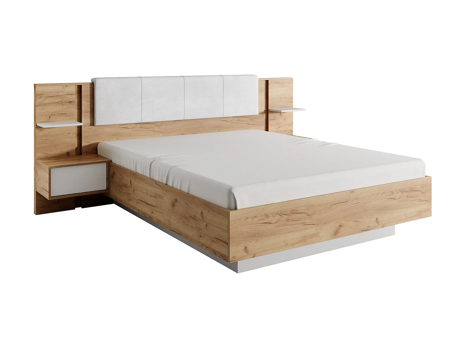 Lit coffre avec chevets 160 x 200 cm - Avec LEDs - Coloris : Naturel et blanc + Matelas - ELYNIA