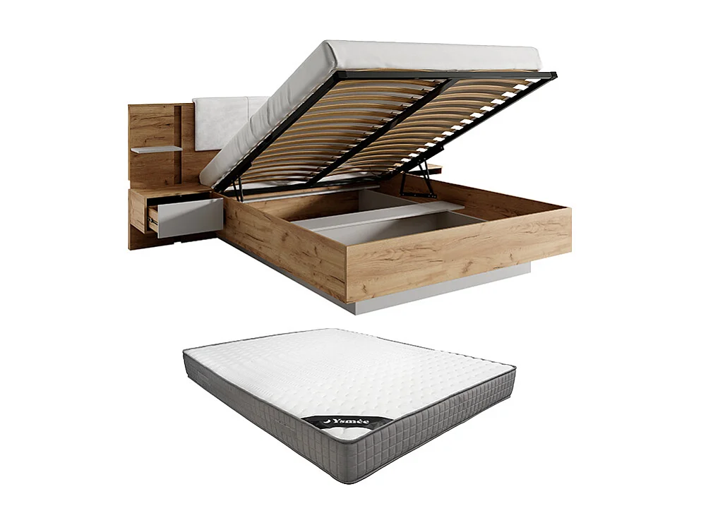 Lit coffre avec chevets 160 x 200 cm - Avec LEDs - Coloris : Naturel et blanc + Matelas - ELYNIA