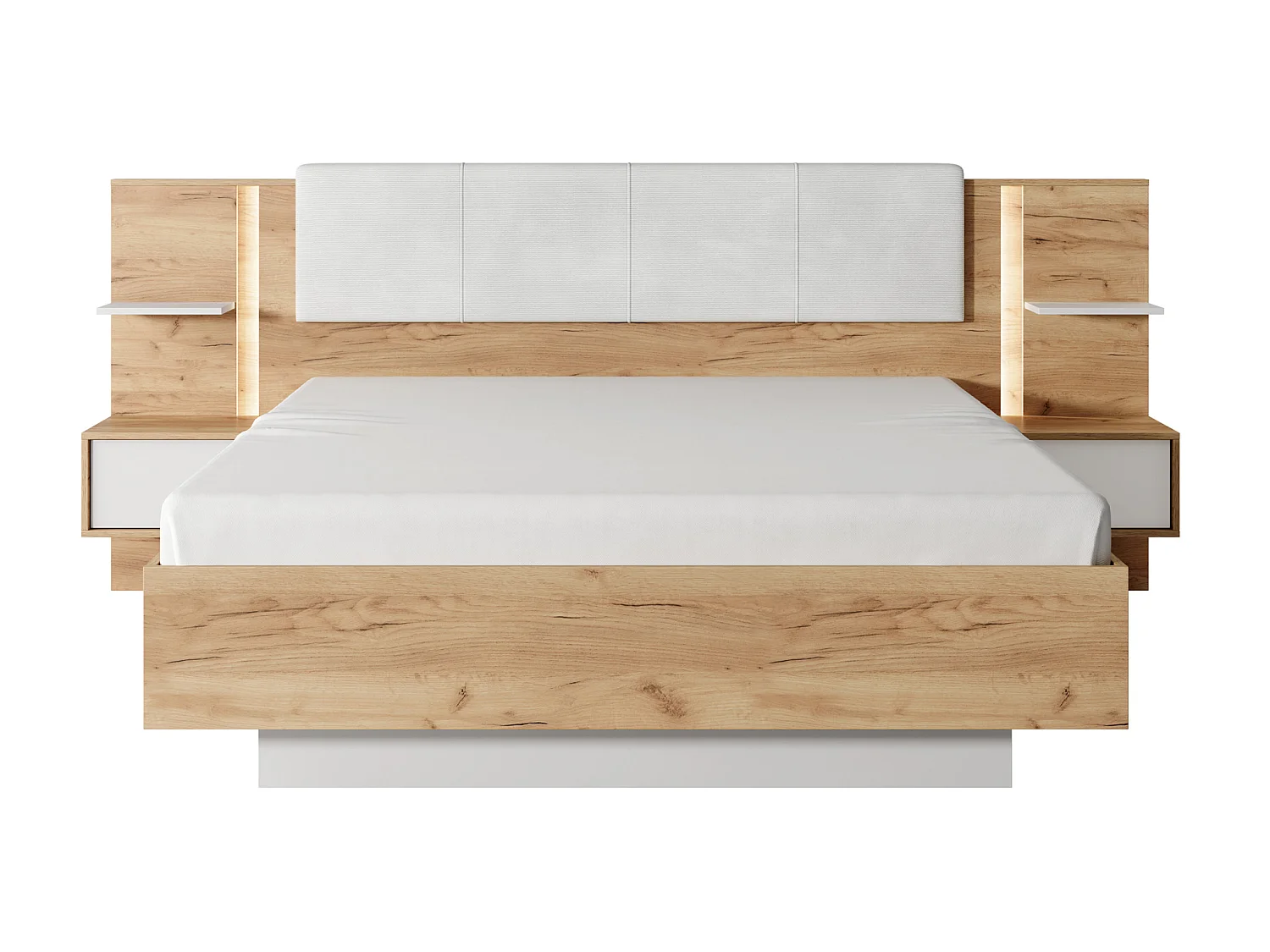Lit coffre avec chevets 160 x 200 cm - Avec LEDs - Coloris : Naturel et blanc + Matelas - ELYNIA