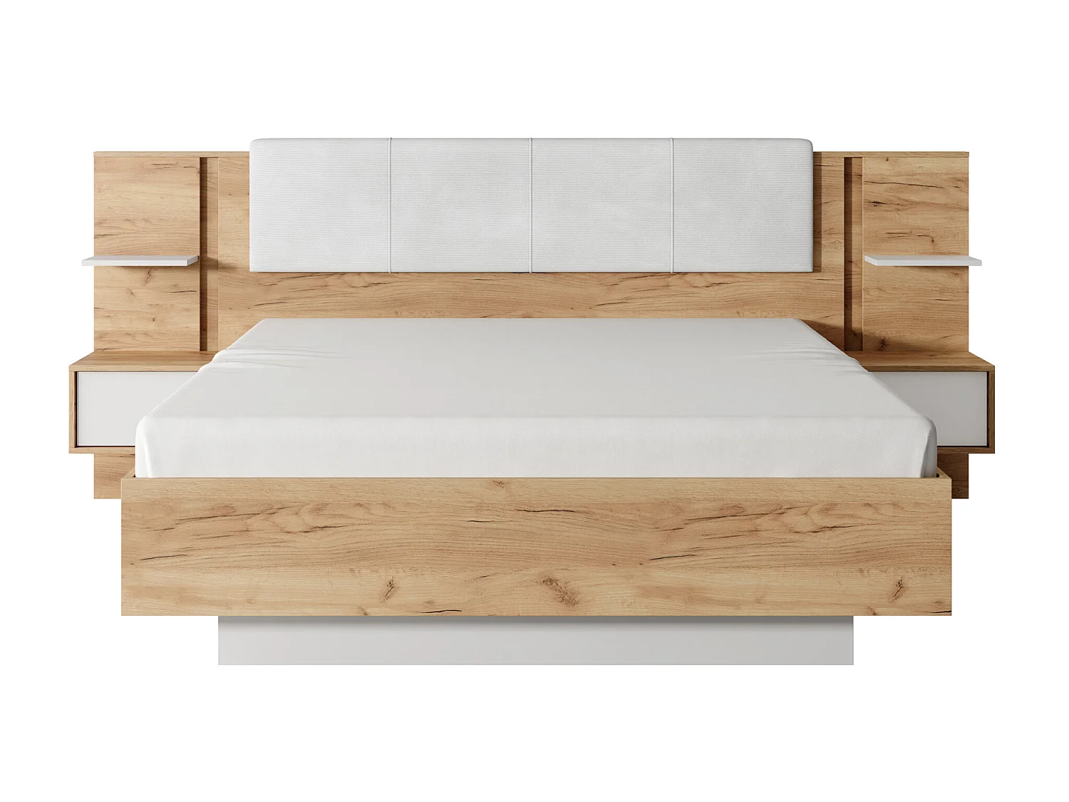 Lit coffre avec chevets 160 x 200 cm - Avec LEDs - Coloris : Naturel et blanc + Matelas - ELYNIA