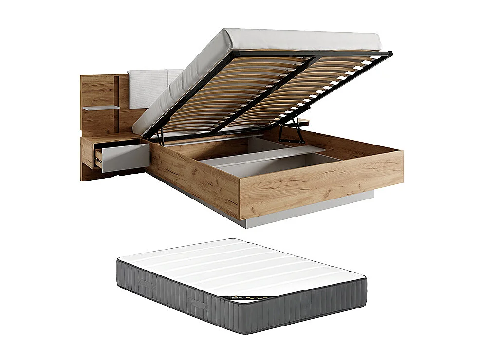 Lit coffre avec chevets 160 x 200 cm - Avec LEDs - Coloris : Naturel et blanc + Matelas - ELYNIA