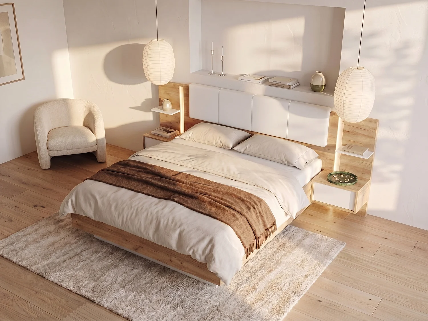 Lit coffre avec chevets 160 x 200 cm - Avec LEDs - Coloris : Naturel et blanc + Matelas Premium - ELYNIA