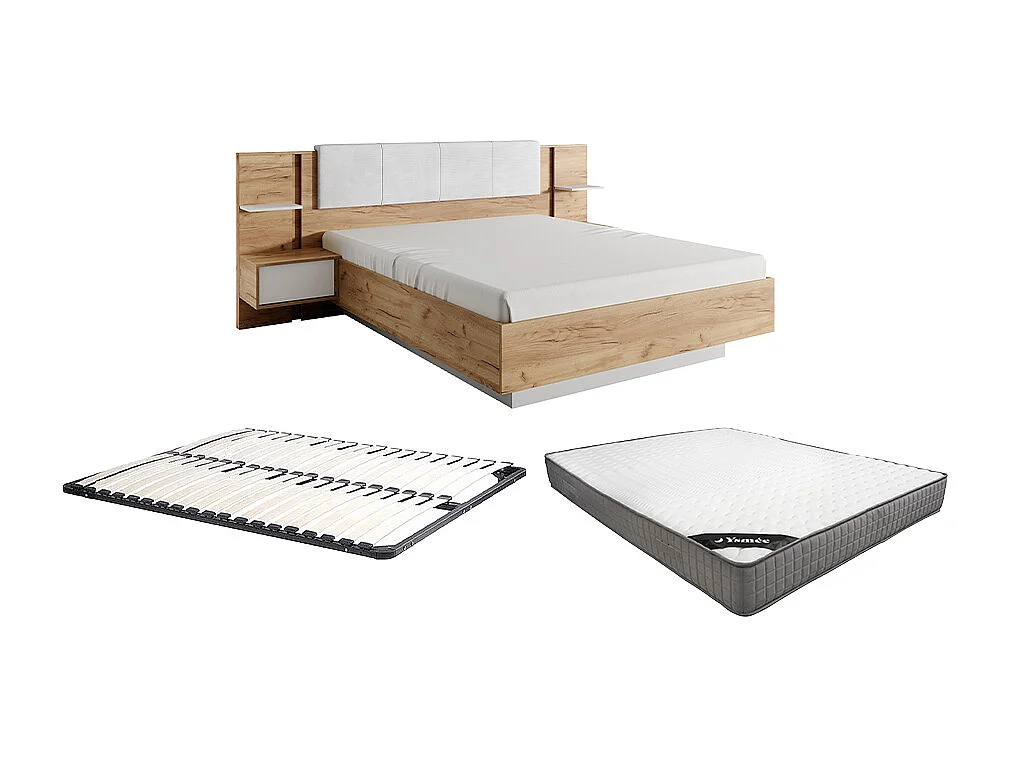 Lit avec chevets 160 x 200 cm - Avec LEDs - Coloris : Naturel et blanc + Sommier + Matelas - ELYNIA
