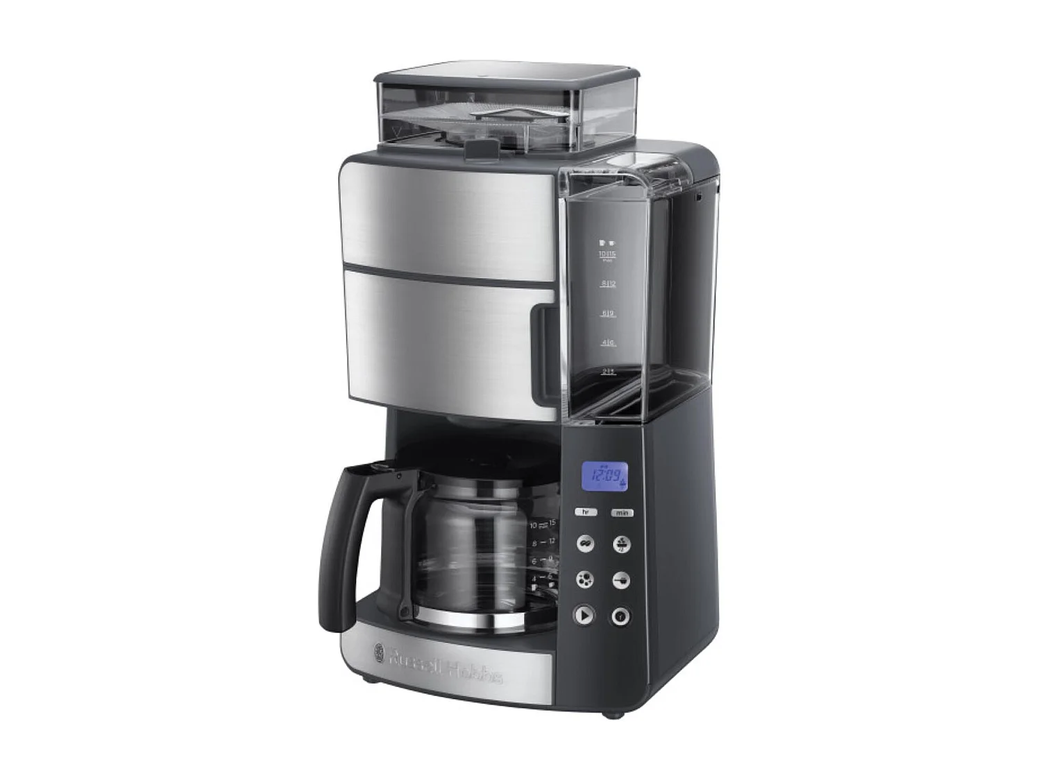 Russell Hobbs Grind & Brew 25610-56 Filterkaffeemaschine mit integriertem Mahlwerk, 10-Tassen-Kapazität, Glas- und silberfarbenes Edelstahl-Design