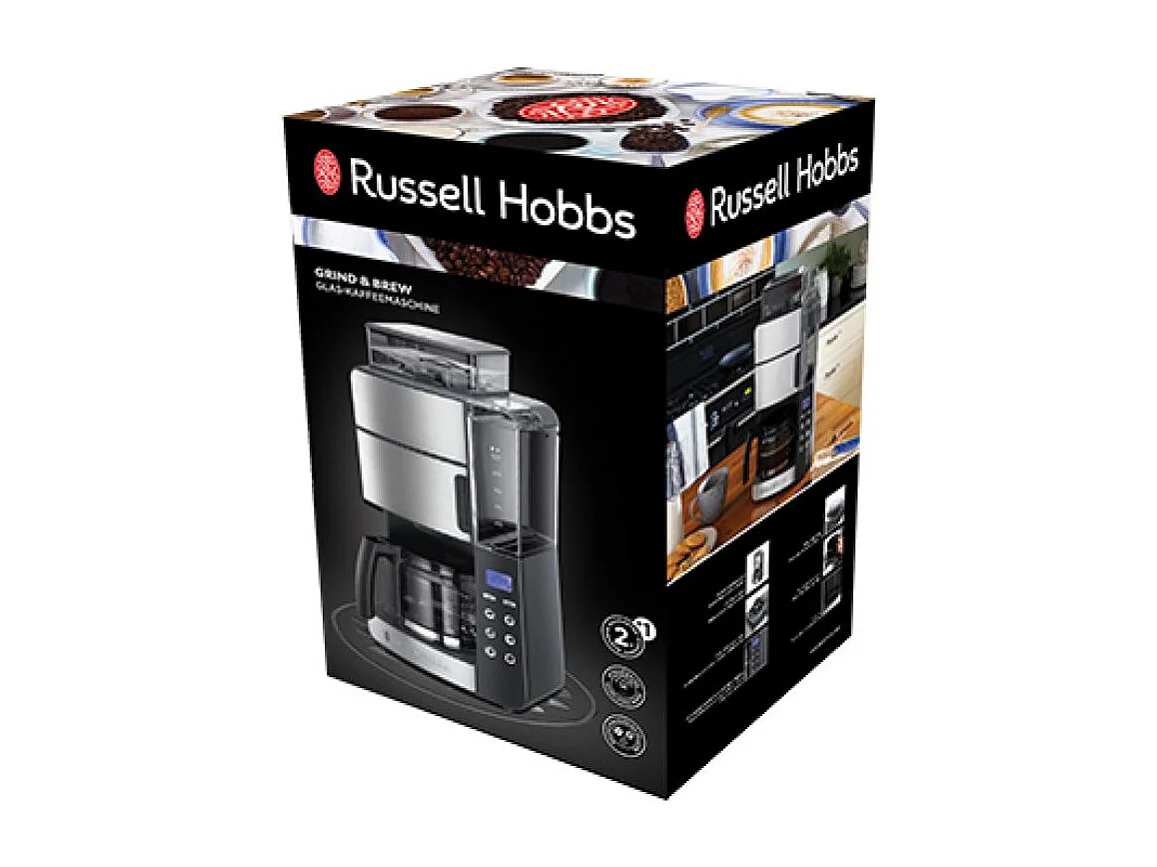 Russell Hobbs Grind & Brew 25610-56 Filterkaffeemaschine mit integriertem Mahlwerk, 10-Tassen-Kapazität, Glas- und silberfarbenes Edelstahl-Design