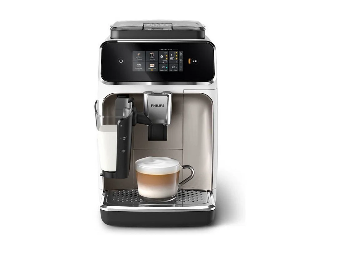 Automatische Philips Espresso-Kaffeemaschine Serie 2300 EP2339/40 LatteGo weiß chrom, Touchscreen, Keramikmahlwerk, AquaClean-Filter