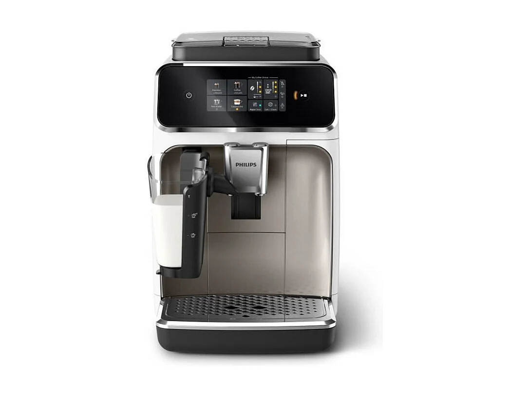 Automatische Philips Espresso-Kaffeemaschine Serie 2300 EP2339/40 LatteGo weiß chrom, Touchscreen, Keramikmahlwerk, AquaClean-Filter