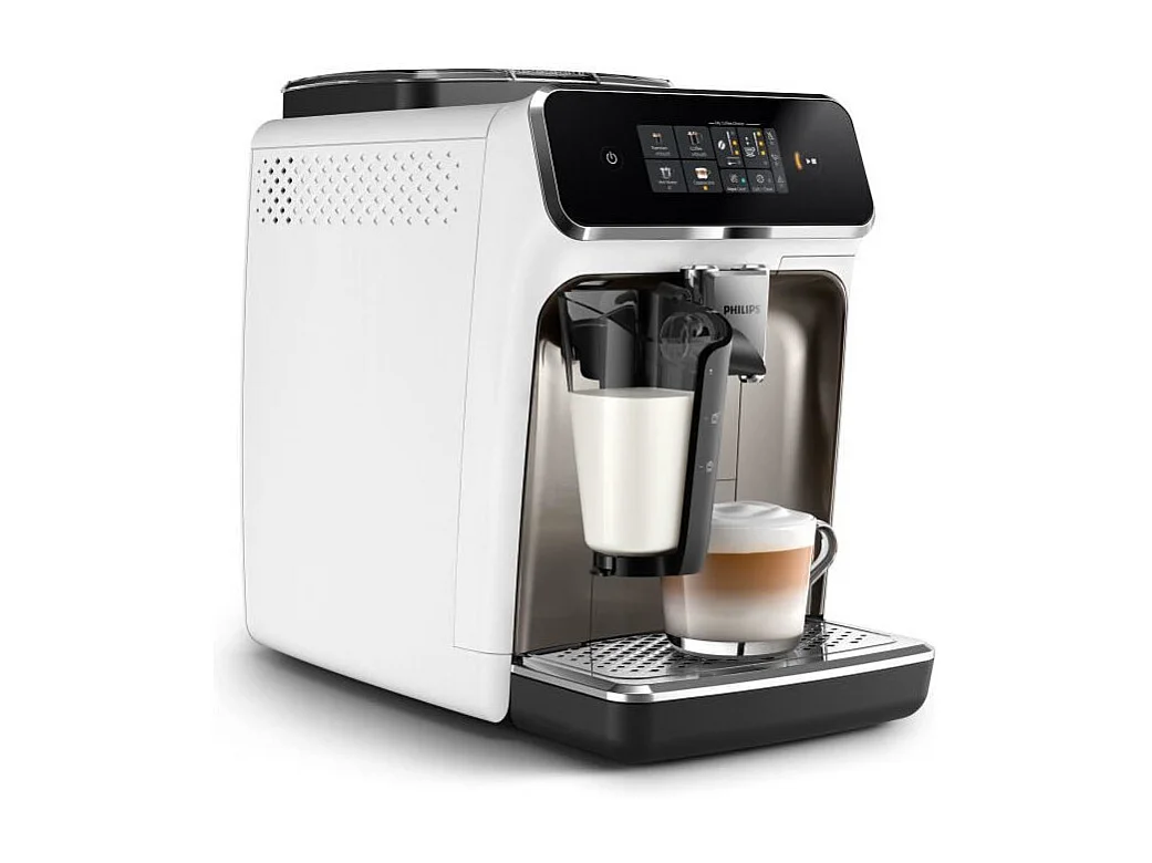 Automatische Philips Espresso-Kaffeemaschine Serie 2300 EP2339/40 LatteGo weiß chrom, Touchscreen, Keramikmahlwerk, AquaClean-Filter