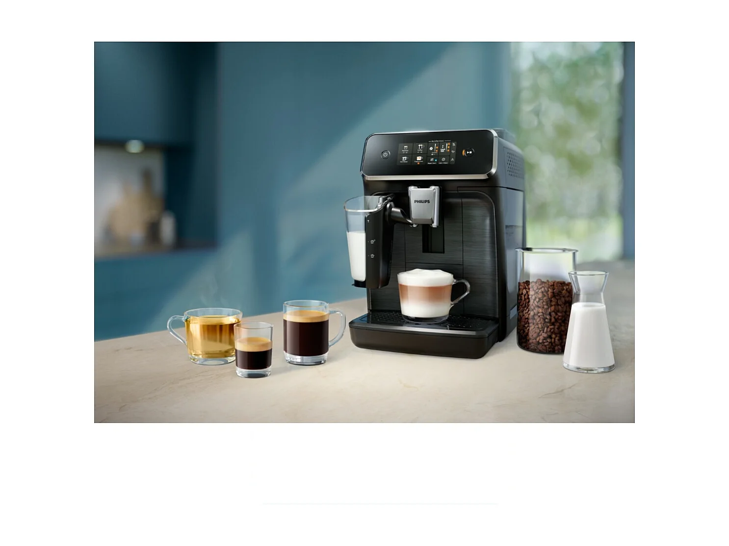 Automatische Philips Espresso-Kaffeemaschine Serie 2300 EP2339/40 LatteGo weiß chrom, Touchscreen, Keramikmahlwerk, AquaClean-Filter