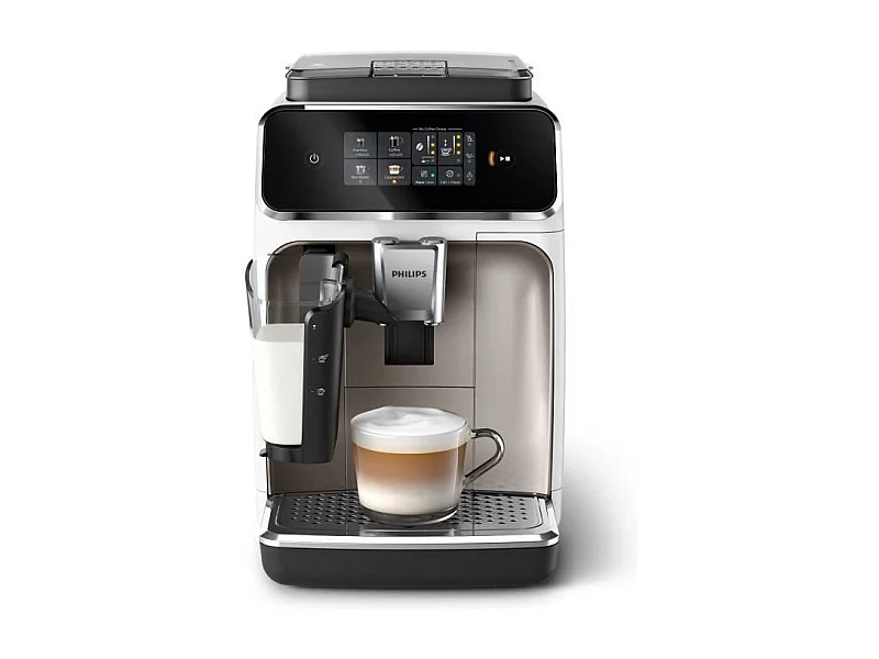 Automatische Philips Espresso-Kaffeemaschine Serie 2300 EP2339/40 LatteGo weiß chrom, Touchscreen, Keramikmahlwerk, AquaClean-Filter