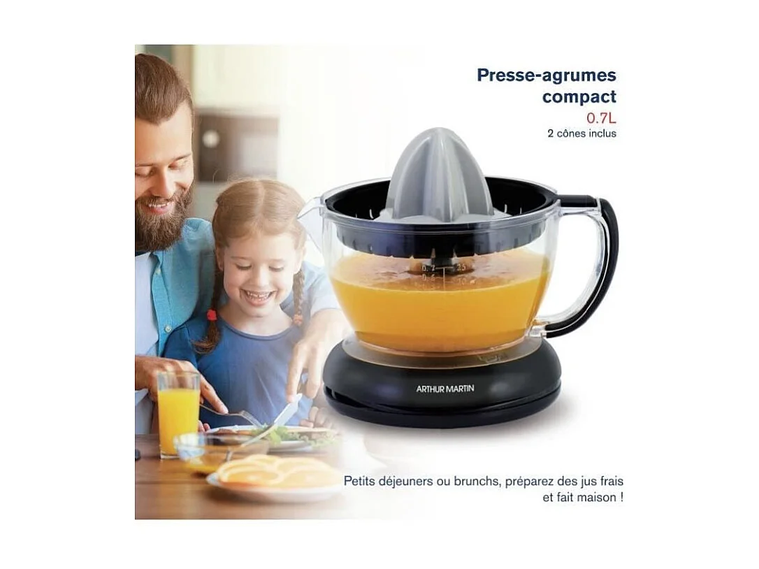 Elektrische Zitruspresse Arthur Martin AMPA07 700 ml mit 2 Kegeln und Ausgießer, 40W, spülmaschinengeeignete Teile