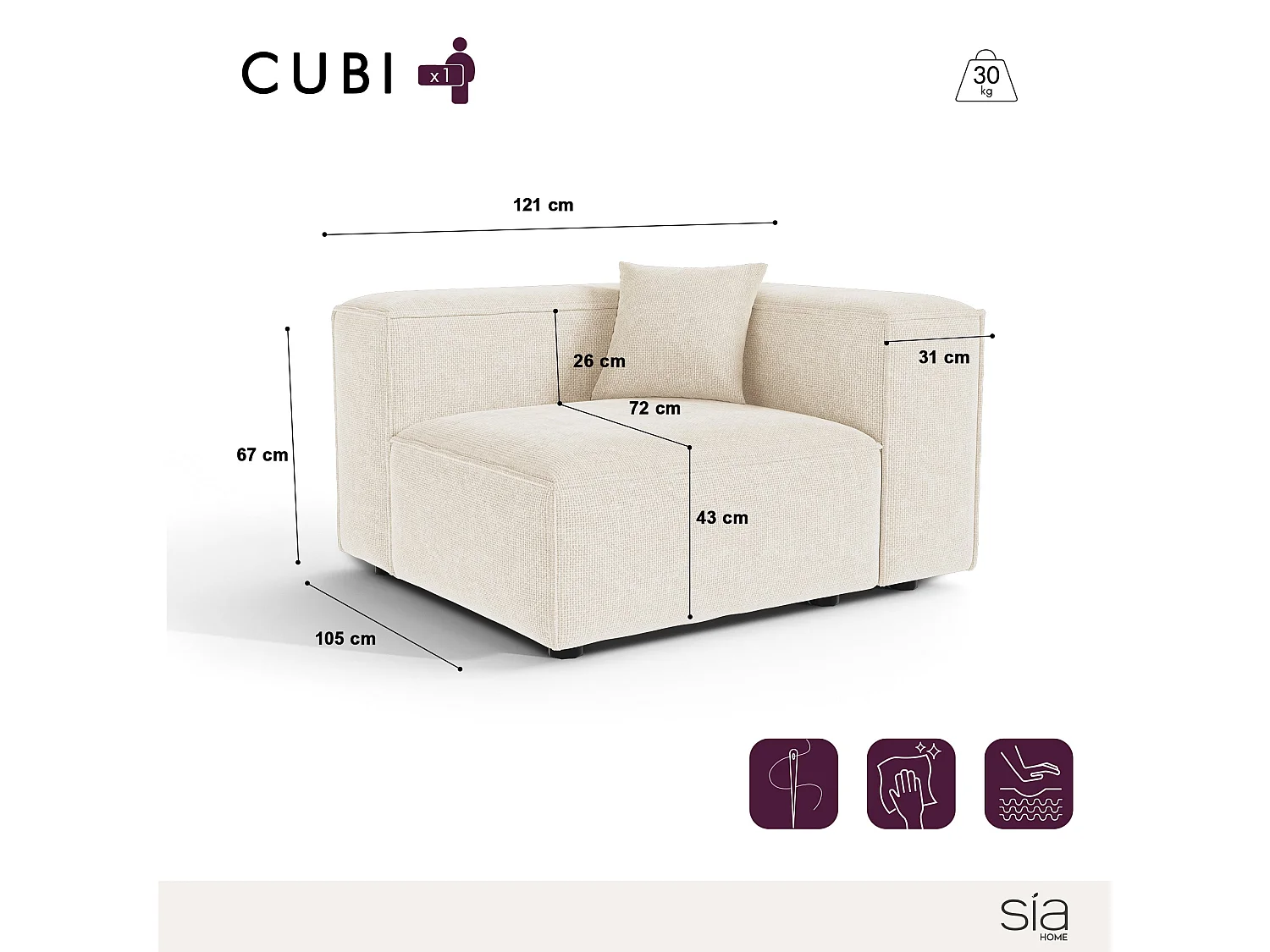 Module d'angle droit CUBI en velours chenillé crème 121x105cm