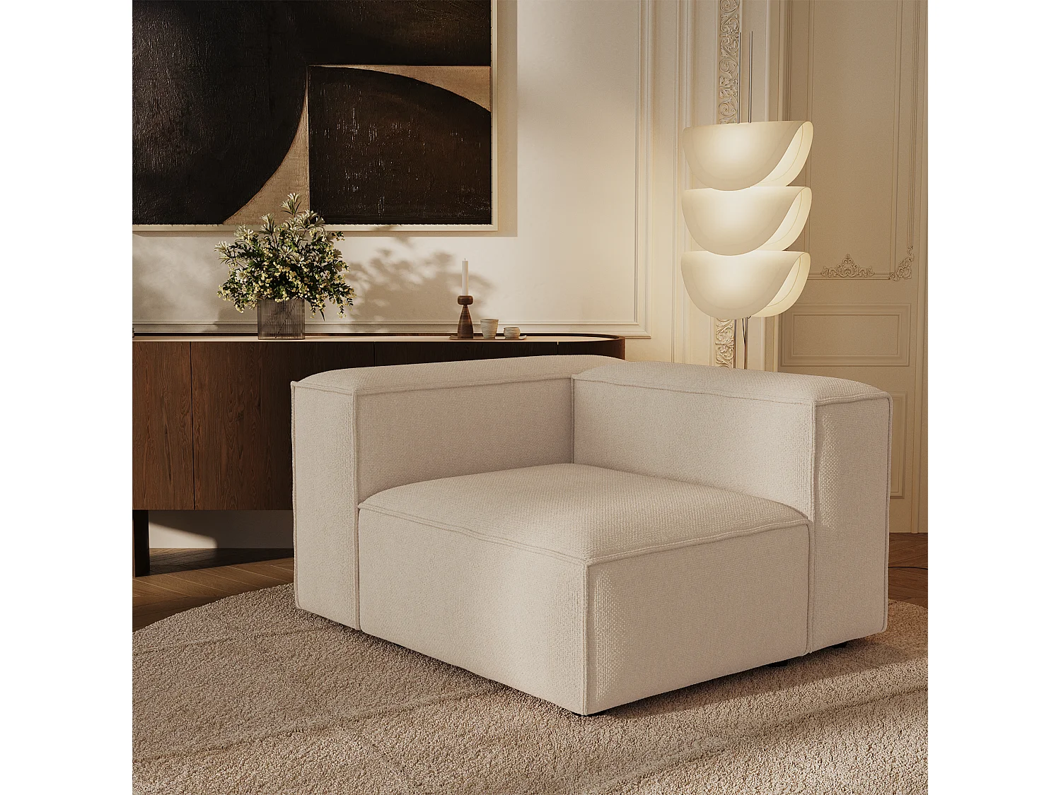 Module d'angle droit CUBI en velours chenillé crème 121x105cm