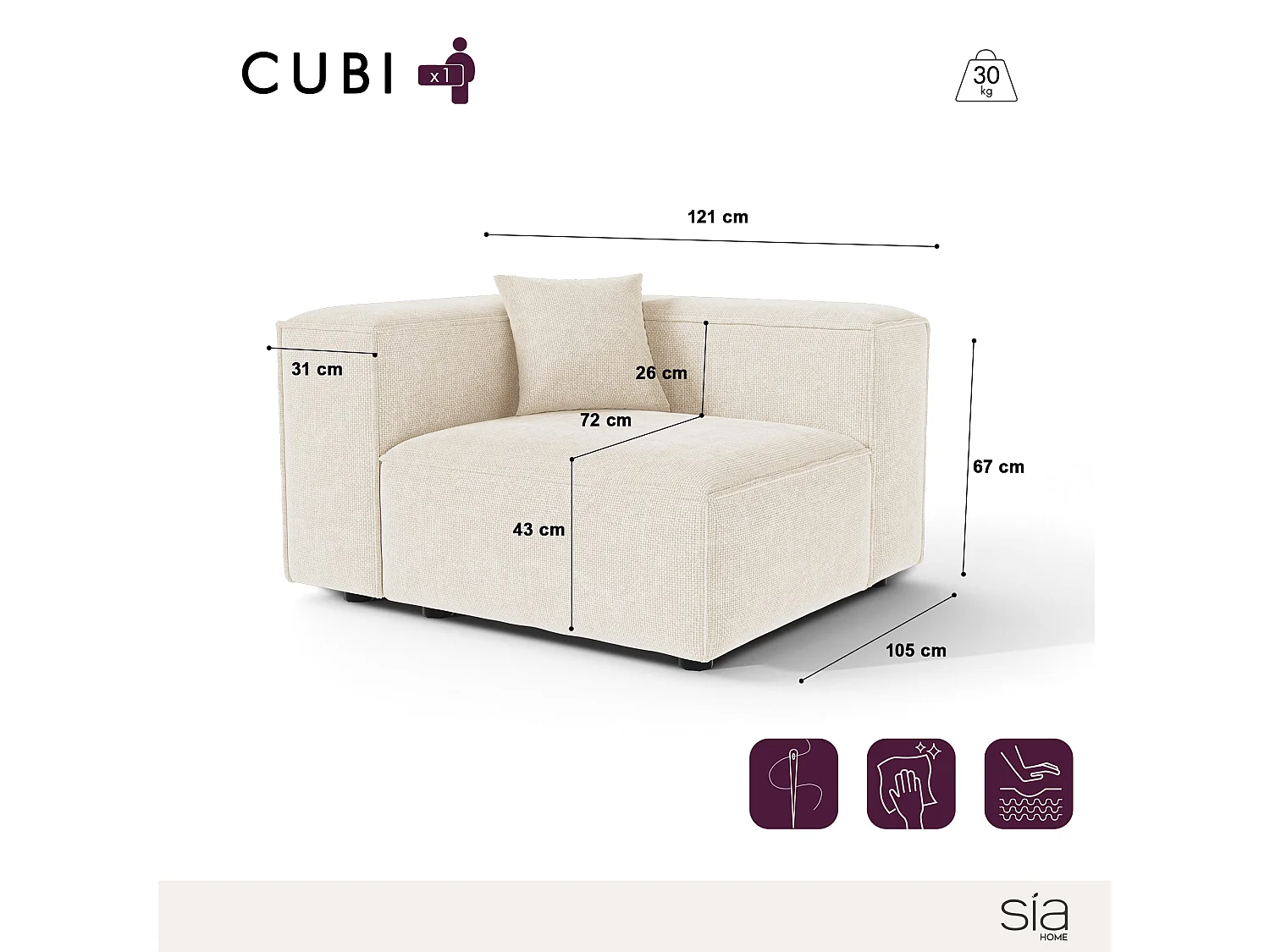 Module d'angle CUBI en velours chenillé crème 121x105cm
