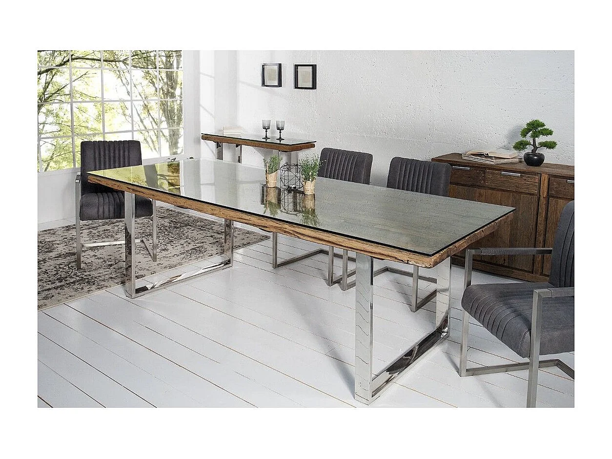 Table de salle à manger RAFTA 180 cm – Plateau en bois recyclé et verre trempé, structure en métal