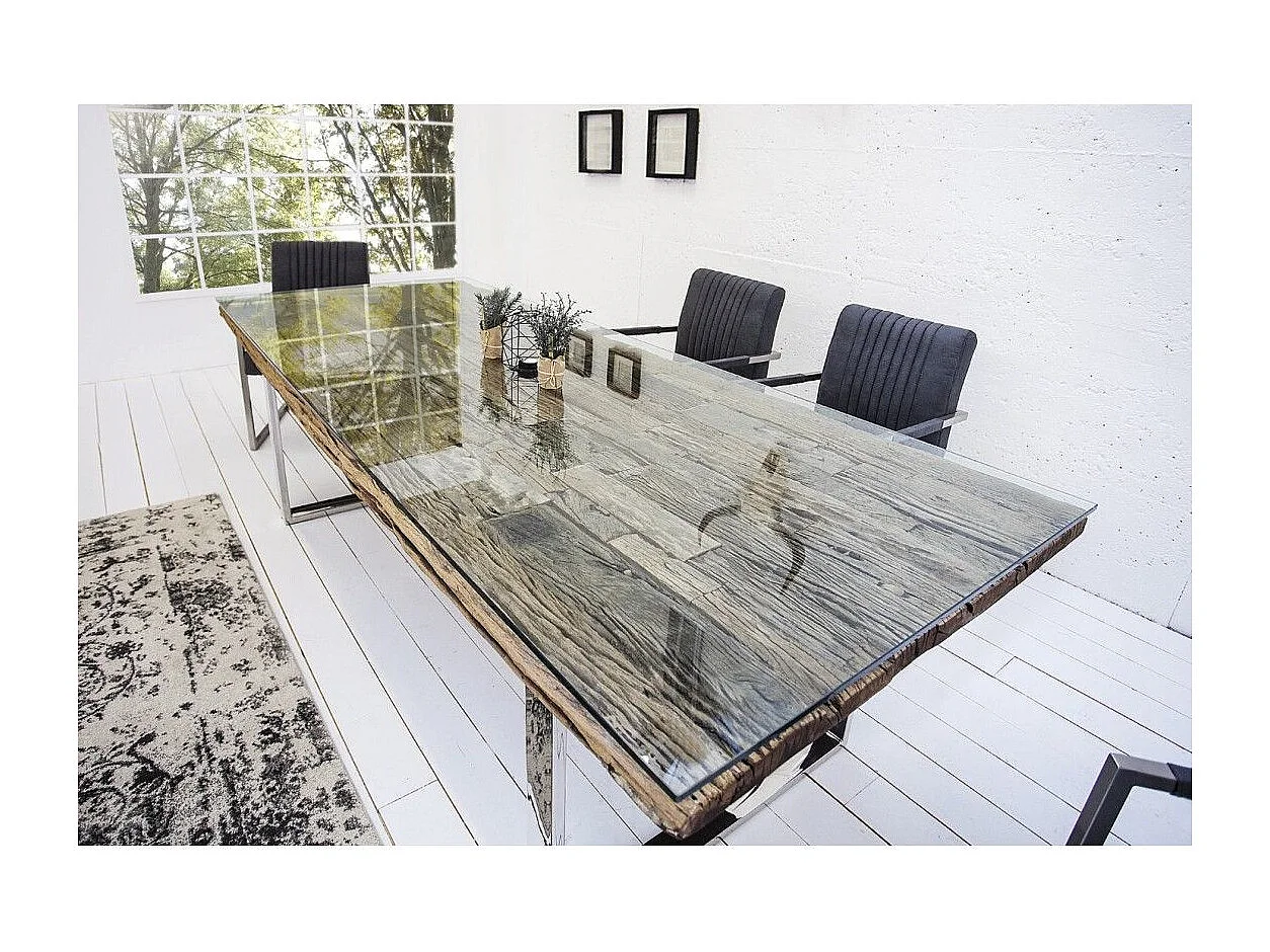 Table de salle à manger RAFTA 180 cm – Plateau en bois recyclé et verre trempé, structure en métal