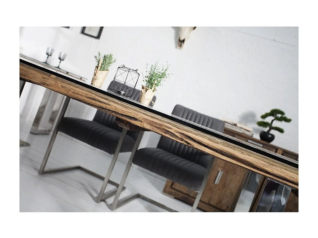 Table de salle à manger RAFTA 180 cm – Plateau en bois recyclé et verre trempé, structure en métal